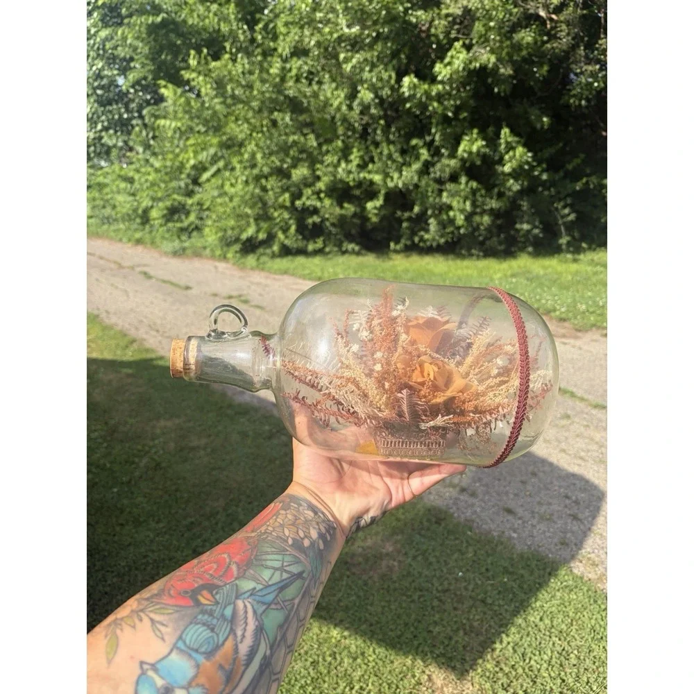 Vintage Dried Flowers in Jug/Dried flowers encased Glass Taiwan Boho Cottagecore